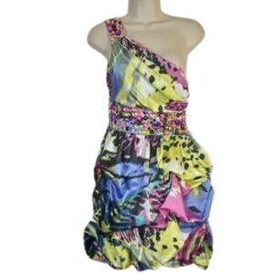 Speechless Womens One Shoulder Bubble Hem Mini Dress Satin Beaded Tie Waist JR 3